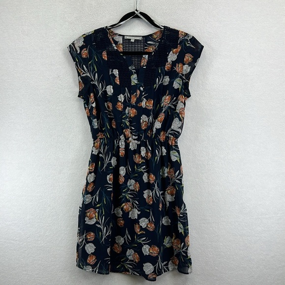 Daniel Rainn Dress Size S Navy Gray Rust Lined Cap Sleeves Elastic Waist EUC - Picture 1 of 12